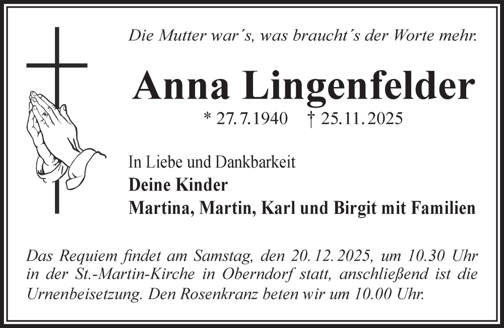  Traueranzeige für Anna Lingenfelder vom 13.12.2025 aus Gelnhäuser Neue Zeitung