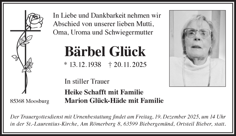  Traueranzeige für Bärbel Glück vom 06.12.2025 aus Mittelhessen-Bote