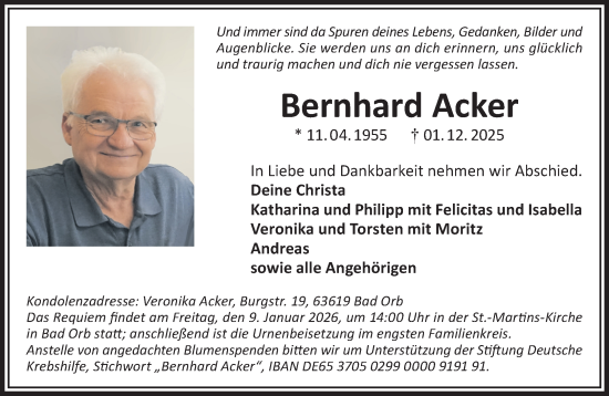 Traueranzeige von Bernhard Acker von Mittelhessen-Bote