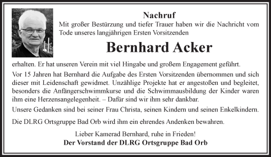 Traueranzeige von Bernhard Acker von Gelnhäuser Neue Zeitung