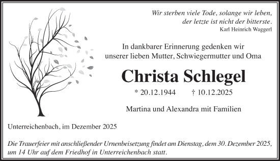 Traueranzeige von Christa Schlegel von Mittelhessen-Bote