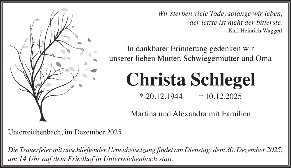  Traueranzeige für Christa Schlegel vom 20.12.2025 aus Gelnhäuser Neue Zeitung