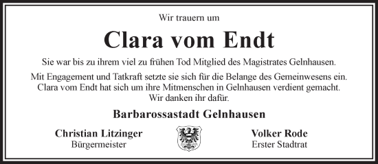 Traueranzeige von Clara vom Endt von Gelnhäuser Neue Zeitung