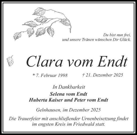 Traueranzeige von Clara vom Endt von Gelnhäuser Neue Zeitung