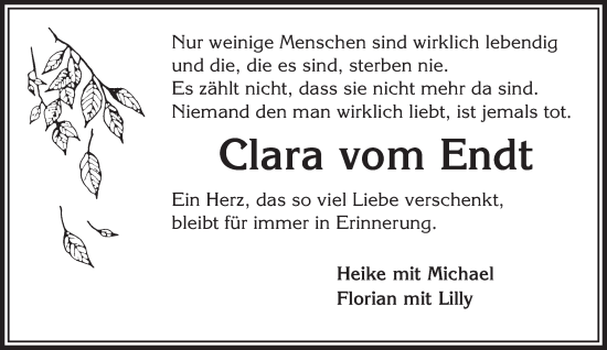 Traueranzeige von Clara vom Endt von Gelnhäuser Neue Zeitung