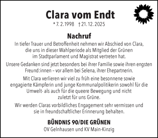 Traueranzeige von Clara vom Endt von Gelnhäuser Neue Zeitung
