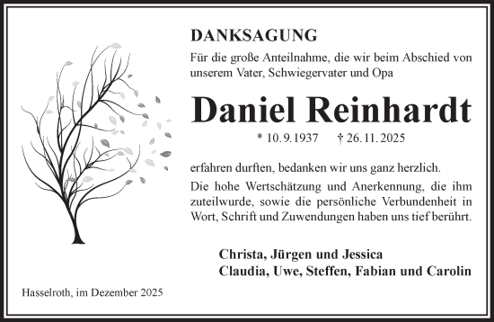 Traueranzeige von Daniel Reinhardt von Gelnhäuser Neue Zeitung