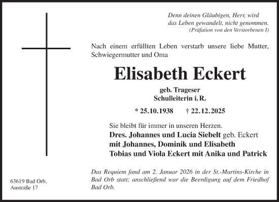 Traueranzeige von Elisabeth Eckert von Gelnhäuser Neue Zeitung