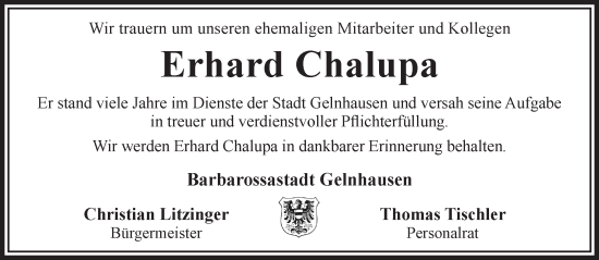 Traueranzeige von Erhard Chalupa von Gelnhäuser Neue Zeitung