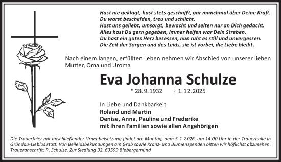 Traueranzeige von Eva Johanna Schulze von Gelnhäuser Neue Zeitung