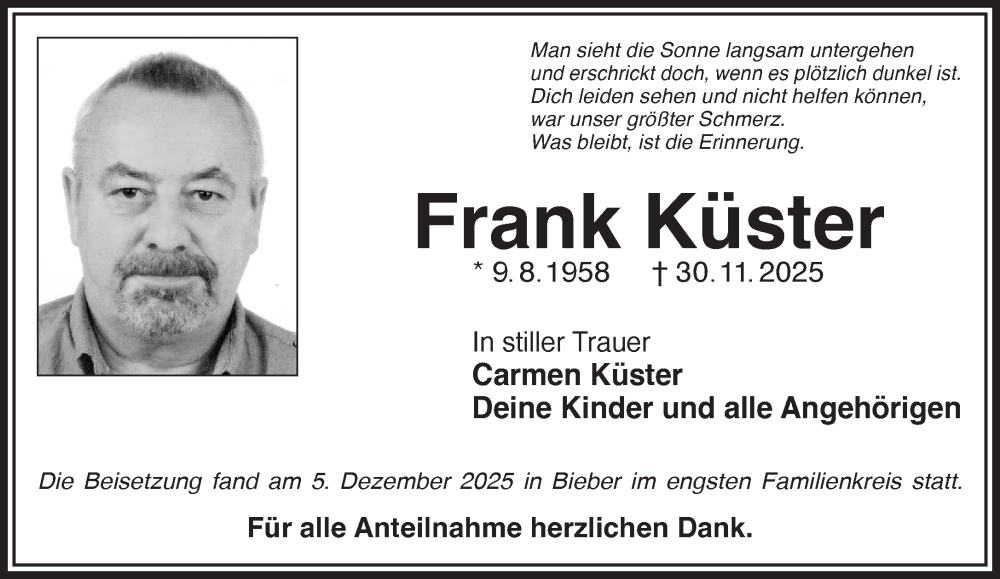  Traueranzeige für Frank Küster vom 06.12.2025 aus Mittelhessen-Bote