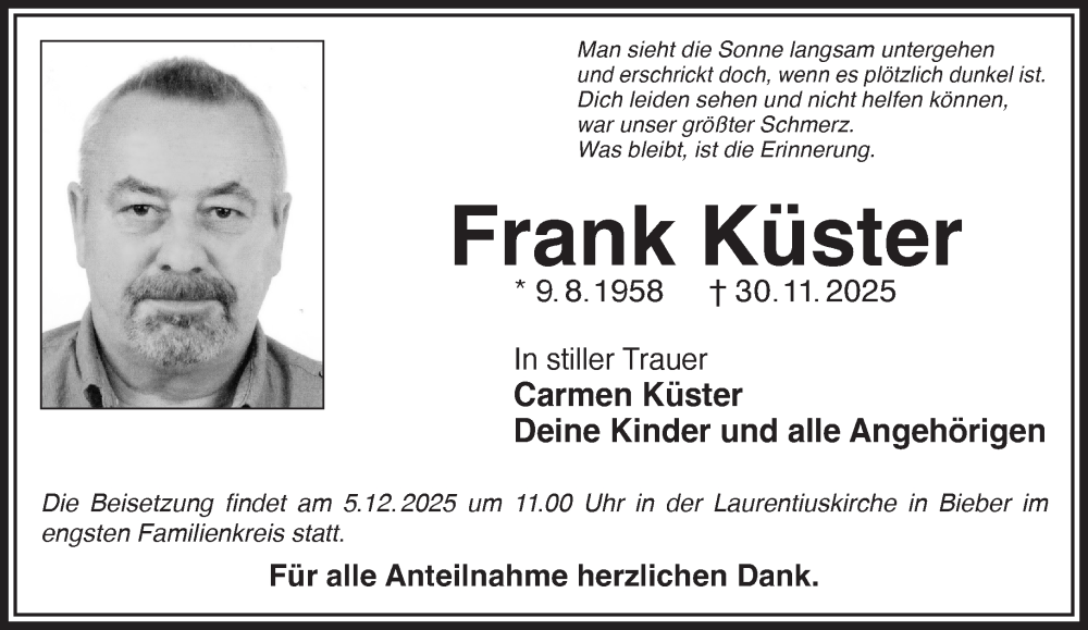  Traueranzeige für Frank Küster vom 02.12.2025 aus Gelnhäuser Neue Zeitung