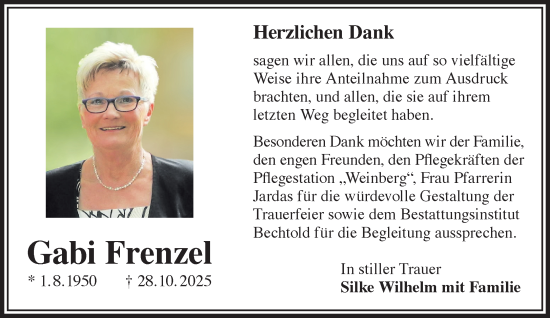 Traueranzeige von Gabi Frenzel von Gelnhäuser Neue Zeitung