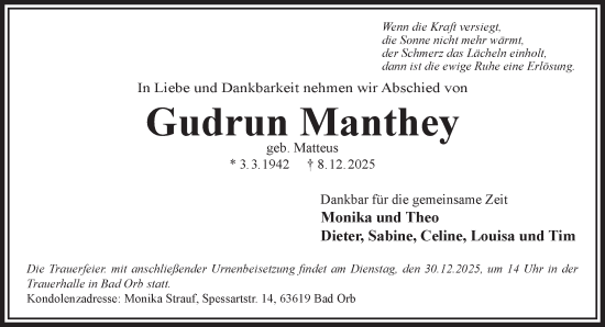 Traueranzeige von Gudrun Manthey von Gelnhäuser Neue Zeitung
