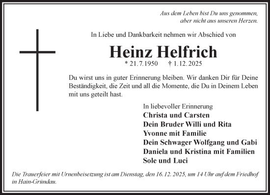 Traueranzeige von Heinz Helfrich von Gelnhäuser Neue Zeitung