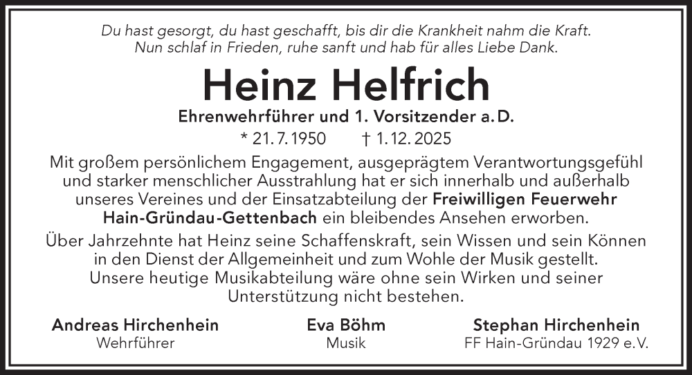  Traueranzeige für Heinz Helfrich vom 13.12.2025 aus Gelnhäuser Neue Zeitung