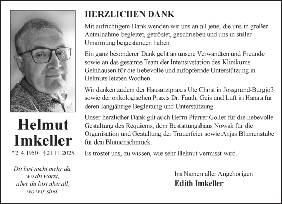 Traueranzeige von Helmut Imkeller von Gelnhäuser Neue Zeitung