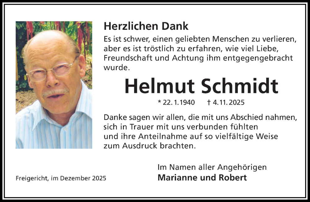  Traueranzeige für Helmut Schmidt vom 06.12.2025 aus Gelnhäuser Neue Zeitung
