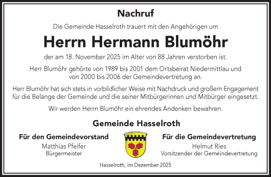 Traueranzeige von Hermann Blumöhr von Gelnhäuser Neue Zeitung
