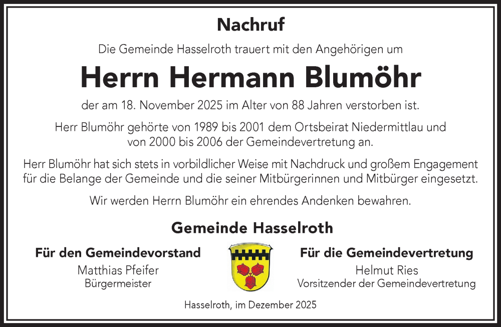  Traueranzeige für Hermann Blumöhr vom 06.12.2025 aus Gelnhäuser Neue Zeitung