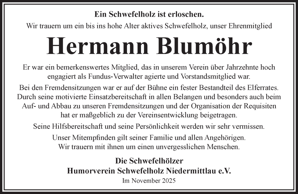  Traueranzeige für Hermann Blumöhr vom 06.12.2025 aus Gelnhäuser Neue Zeitung