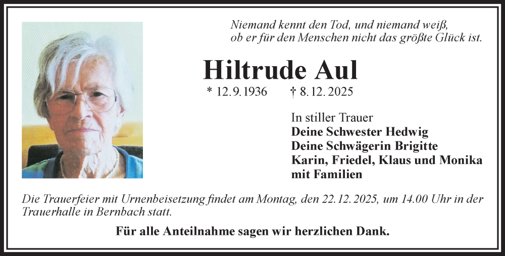  Traueranzeige für Hiltrude Aul vom 13.12.2025 aus Gelnhäuser Neue Zeitung