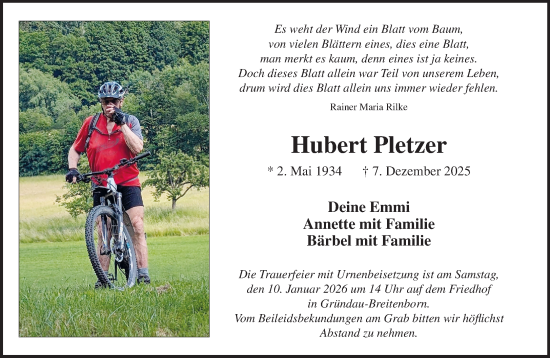 Traueranzeige von Hubert Pletzer von Gelnhäuser Neue Zeitung