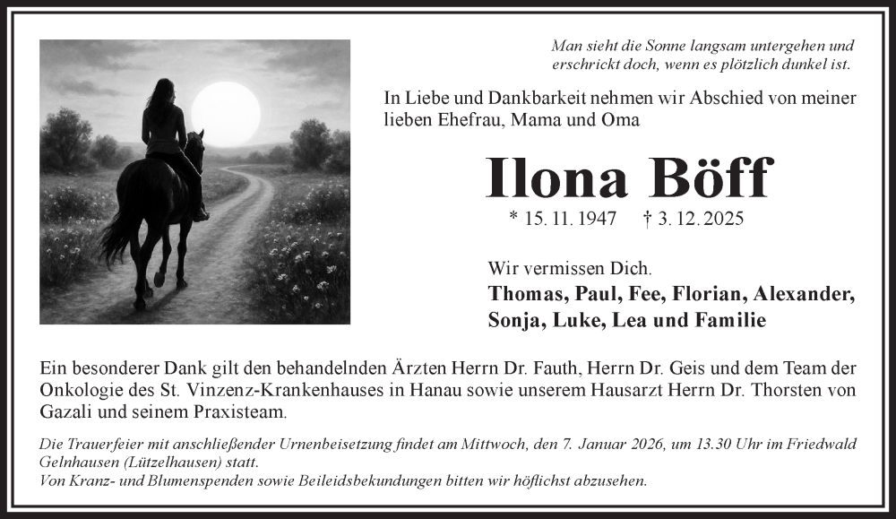  Traueranzeige für Ilona Böff vom 20.12.2025 aus Gelnhäuser Neue Zeitung