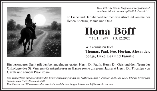 Traueranzeige von Ilona Böff von Gelnhäuser Neue Zeitung