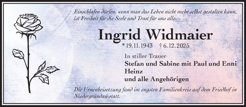  Traueranzeige für Ingrid Widmaier vom 13.12.2025 aus Gelnhäuser Neue Zeitung