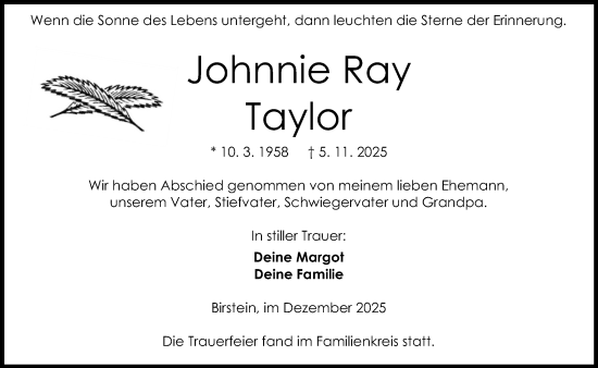 Traueranzeige von Johnnie Ray Taylor von Gelnhäuser Neue Zeitung