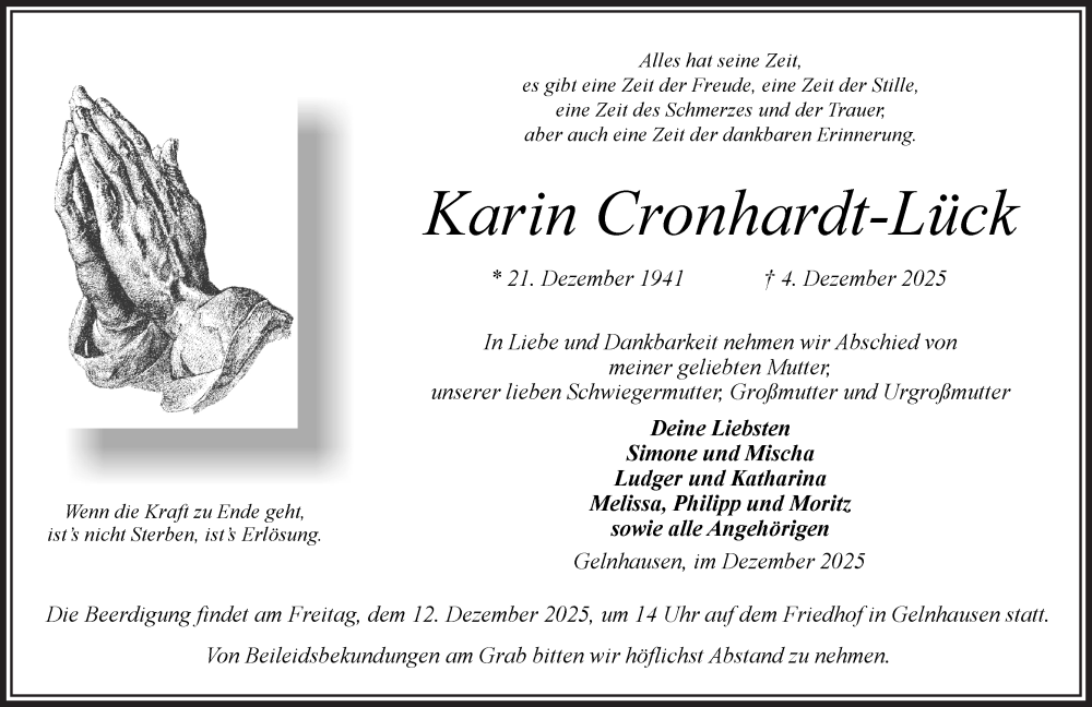  Traueranzeige für Karin Cronhardt-Lück vom 09.12.2025 aus Gelnhäuser Neue Zeitung
