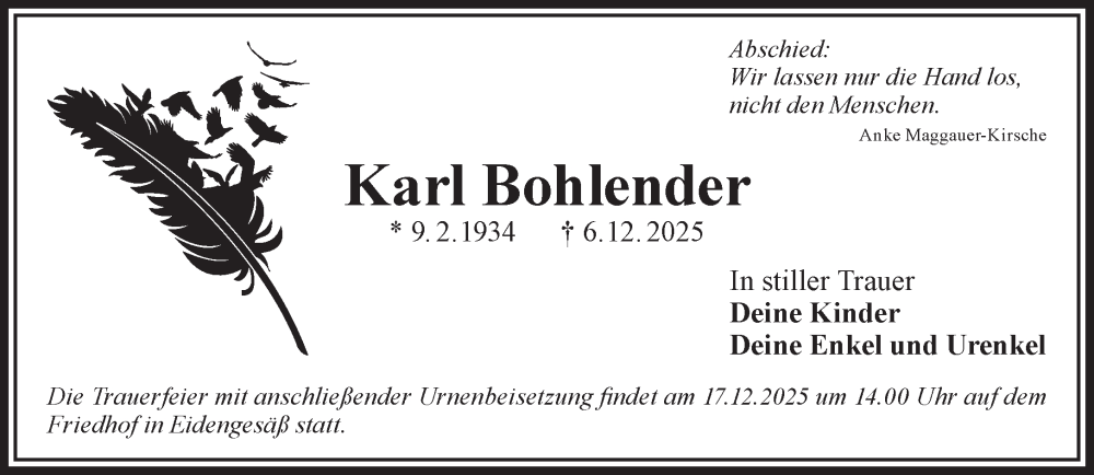  Traueranzeige für Karl Bohlender vom 13.12.2025 aus Gelnhäuser Neue Zeitung