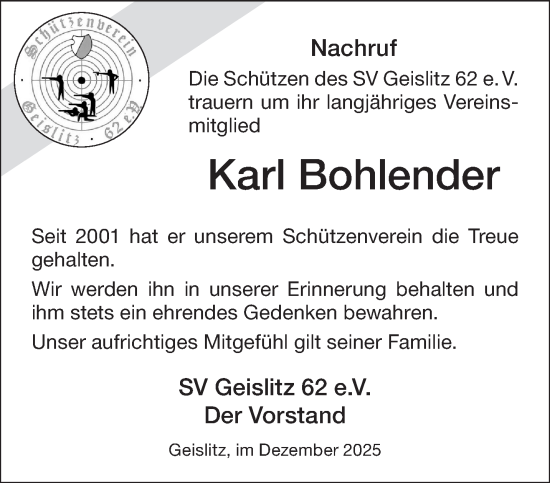 Traueranzeige von Karl Bohlender von Gelnhäuser Neue Zeitung