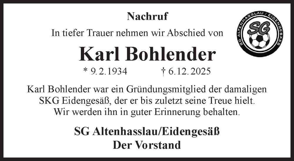  Traueranzeige für Karl Bohlender vom 20.12.2025 aus Gelnhäuser Neue Zeitung