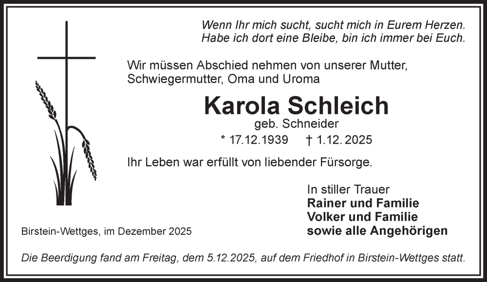  Traueranzeige für Karola Schleich vom 06.12.2025 aus Mittelhessen-Bote