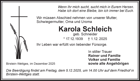 Traueranzeige von Karola Schleich von Gelnhäuser Neue Zeitung