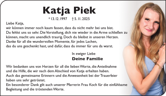 Traueranzeige von Katja Piek von Gelnhäuser Neue Zeitung