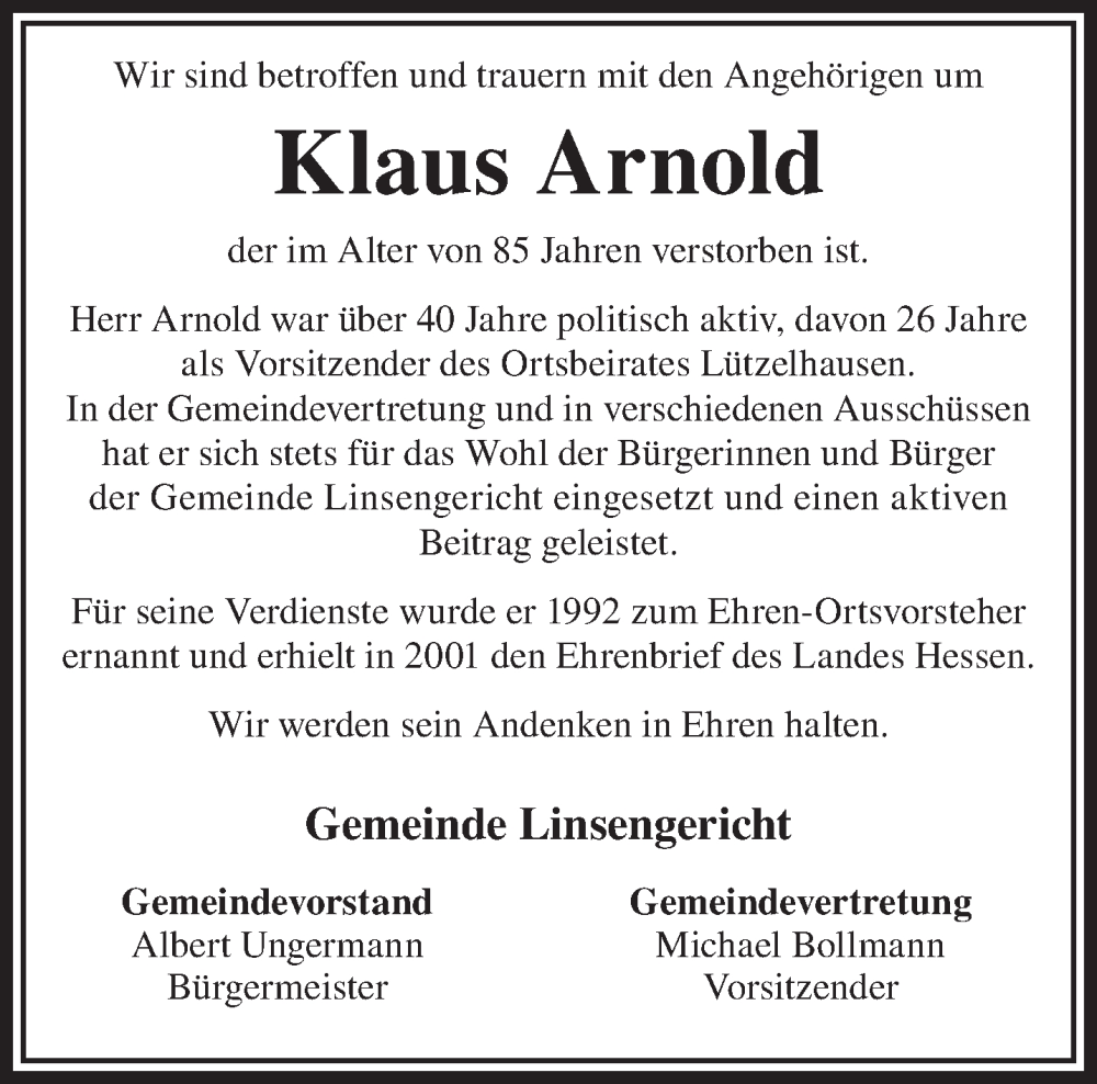  Traueranzeige für Klaus Arnold vom 20.12.2025 aus Gelnhäuser Neue Zeitung