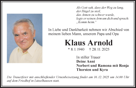 Traueranzeige von Klaus Arnold von Gelnhäuser Neue Zeitung