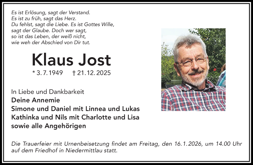  Traueranzeige für Klaus Jost vom 30.12.2025 aus Gelnhäuser Neue Zeitung