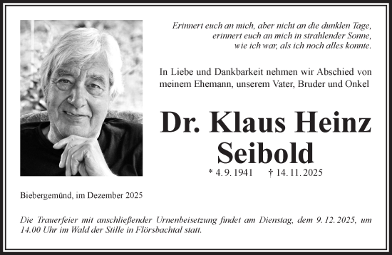 Traueranzeige von Klaus Heinz Seibold von Gelnhäuser Neue Zeitung