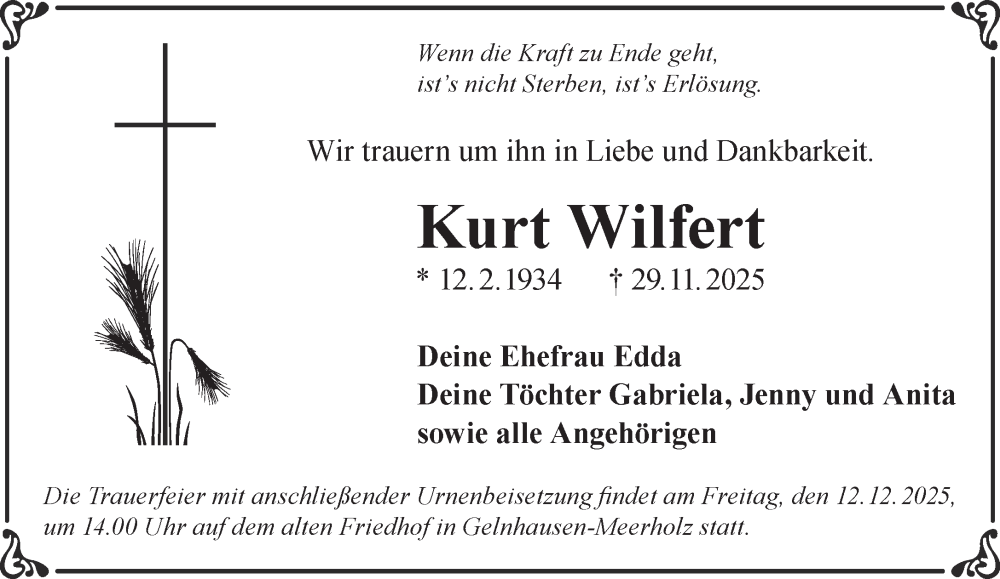  Traueranzeige für Kurt Wilfert vom 06.12.2025 aus Mittelhessen-Bote