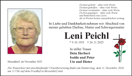 Traueranzeige von Leni Peichl von Mittelhessen-Bote