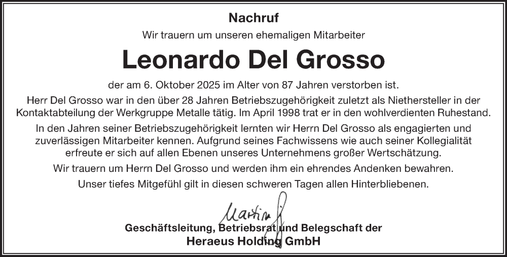  Traueranzeige für Leonardo Del Grosso vom 06.12.2025 aus Gelnhäuser Neue Zeitung