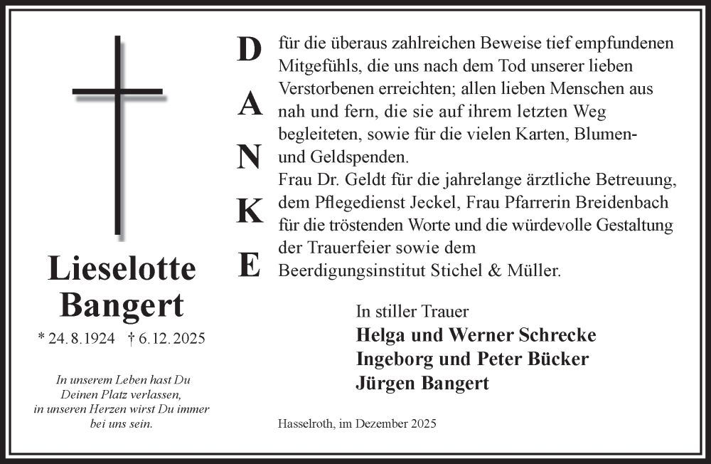  Traueranzeige für Lieselotte Bangert vom 27.12.2025 aus Gelnhäuser Neue Zeitung