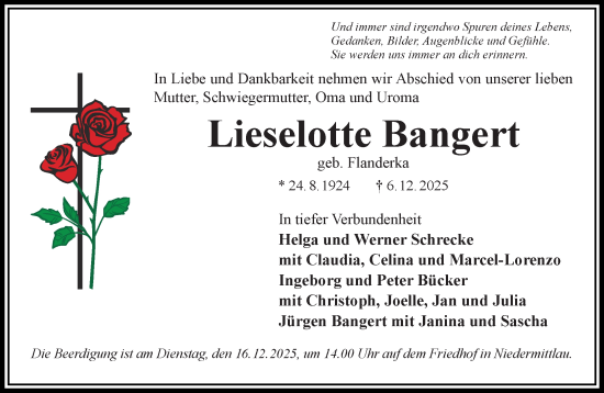Traueranzeige von Lieselotte Bangert von Gelnhäuser Neue Zeitung