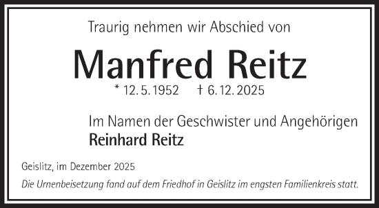 Traueranzeige von Manfred Reitz von Gelnhäuser Neue Zeitung