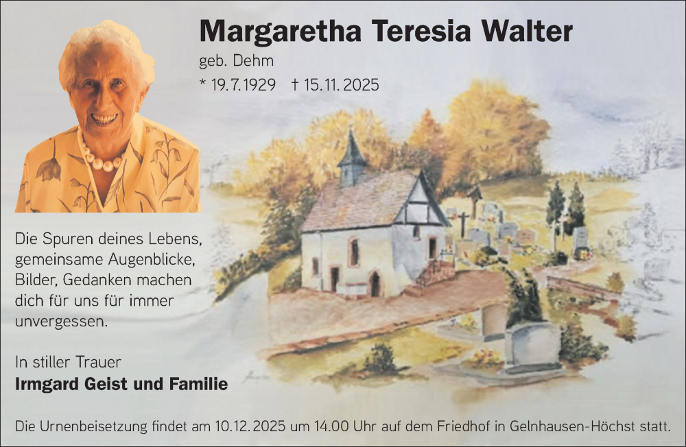 Traueranzeige für Margaretha Teresia Walter vom 06.12.2025 aus Mittelhessen-Bote