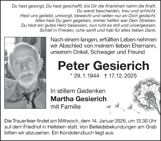 Traueranzeige von Peter Gesierich von Gelnhäuser Neue Zeitung